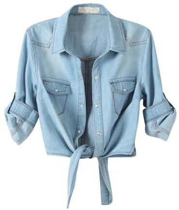 Denim Jackets Women 3/4 Sleeve Casual Crop Jean Top Ladies Button Down Shirts Tie Front Knot Collared Lightweight Blouses Spring Autumn Roll Up Solid Tops with Pockets