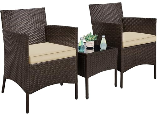 Yaheetech 3-Piece Garden Conversation Furniture Set, PE Rattan, Brown/Khaki