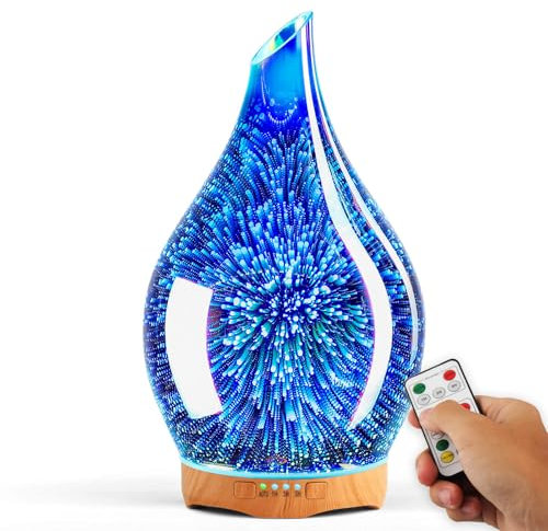 Porseme Difusor de Aroma de Cristal de 280 ml con Mando a Distancia, Fuegos Artificiales 3D, humidificador ultrasónico silencioso, función de Temporizador, humidificador para casa y Yoga