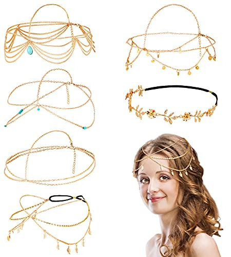 Mtlee 6 Pcs Gold Head Chain Jewelry Boho Bridal Headpiece for Women