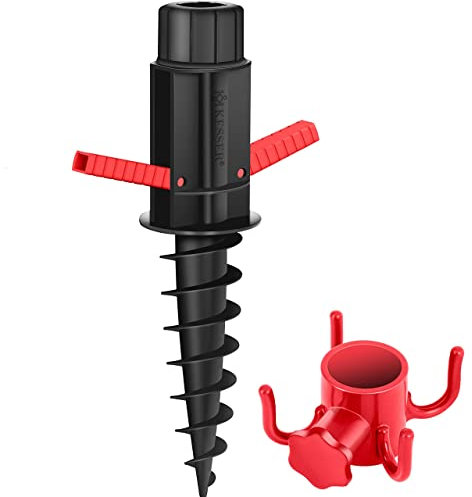 KESSER® Supporto per ombrellone Ancoraggio a Terra Manicotto a Vite con Maniglie Pieghevole incl. Gancio per Appendere - Puntale di Terra Flessibile per la Spiaggia o la Terra, Nero/Rosso