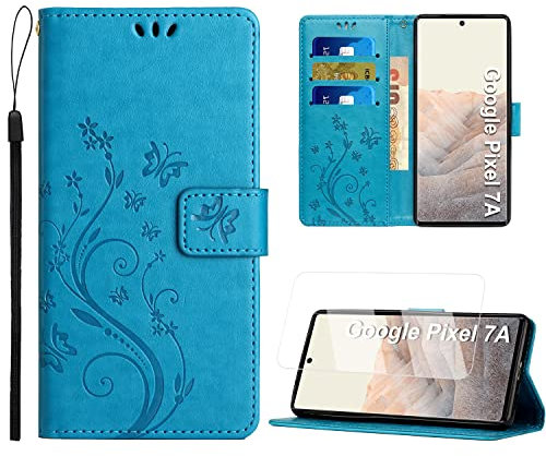 ANSHOW for Google Pixel 7A Wallet Case with Screen Protector, with Wrist Strap, Flip Leather Case with Cards Holder Phone Case with Kickstand Cover for Google Pixel 7A, Blue
