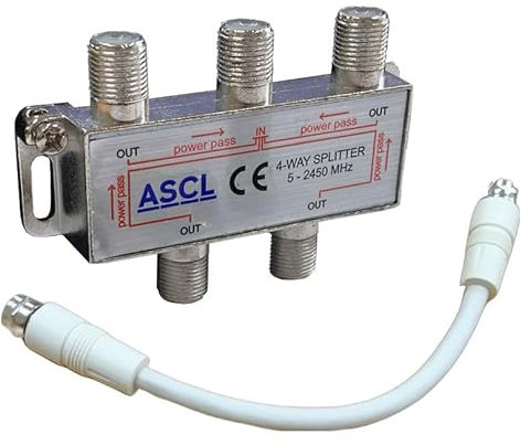 ASCL 1 in 4 Output TV Aerial Coaxial Cable 4 Way Splitter with White F Plug Connector Patch Cable