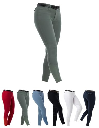 RIDING WORLD - Reithose für Mädchen & Jungen Alexandrie | Reiterhose mit Kniebesatz aus Stoff | mit Eingrifftaschen vorn | Reitleggings in Grün | Kinder Reitbekleidung in Größe 176