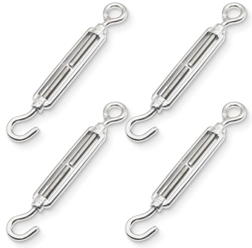 VYZUTR Tiranti per Filo Acciaio Inox - 4 Pezzi di Set Tenditori per Cavi ad Occhiello - Tenditore Filo con Gancio in Acciaio M4 - Tirante Corda Acciaio per Ganci Stendibiancheria
