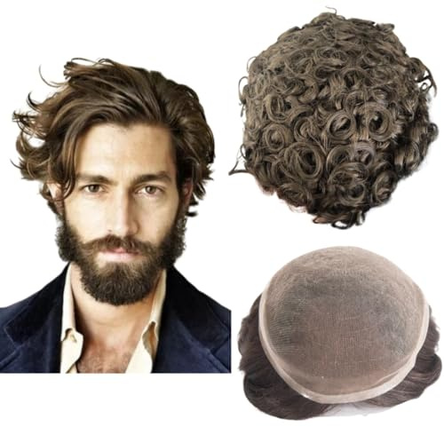 Toupet per uomini parrucchieri morbidi in pizzo svizzero 10x8 Toupet 10mm ondulato sistema di sostituzione dei capelli umani per protesi dei capelli da uomo (#4 marrone chiaro)