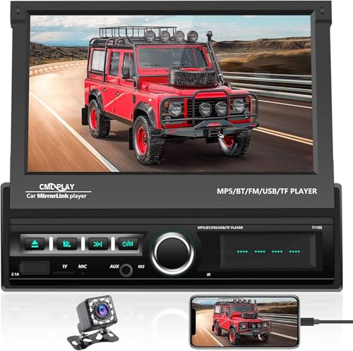 Single Din Car Stereo 7 Inch Automatic Flip Out Touch Screen Car Radio with Phonelink,Car MP5 Player Bluetooth FM Car Stereo 1 Din Support USB/AUX/Mirror Link/SWC/AUX In+BackUp Camera