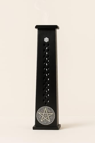 Rushant Wooden Tower Incense Stick & Cone Burner Holder – Hand-Carved Drop Box with Jali Design – Black with Silver Stars & Floral Pattern – Meditation, Yoga, Aromatherapy & Home Fragrance (31x7x7 cm)