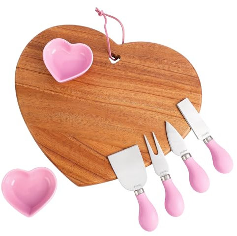 hecef 7 pcs Plateau Fromage en Bois, Plateau Aperitif avec Couteaux à Fromage et Bols en Céramique, Plateau de Service Pour Cadeaux d'Anniversaire, Noël, Mariage, Mères (Rose)