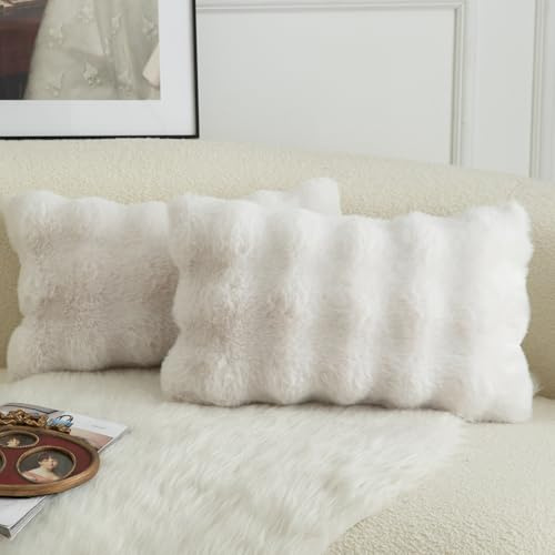 Mandioo 2er Set Luxus Dekorativ dicken Woll Kissenbezug Super Soft Wave Blase Plüschwolle werfen Kissenbezüge Zierkissenbezüge Sofakissen Schlafzimmer Kissenhülle für Sofa 30x50cm Cremeweiß