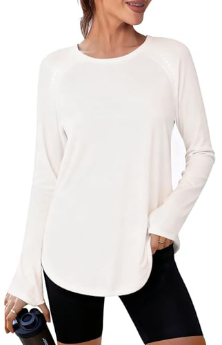 Crewhpo Camiseta Deportivo Mujer Manga Larga Cuello Redondo Camisetas Deportivas Transpirable Ligero y Holgada Camisa Deportiva para Atlético Fitness Yoga