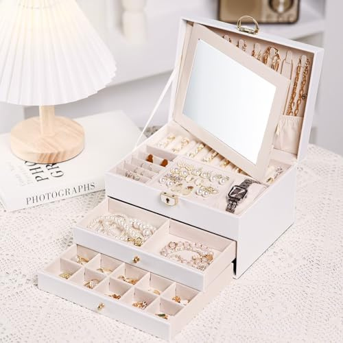 ZUSUZU Scatola Portagioie da Viaggio,2 Cassetti Porta Gioielli Donna,Organizer per Gioielli a 3 Strati con Specchio e Chiusura,Grande Gioielli Scatola Organizer per Anelli Bracciali Orecchini Collane