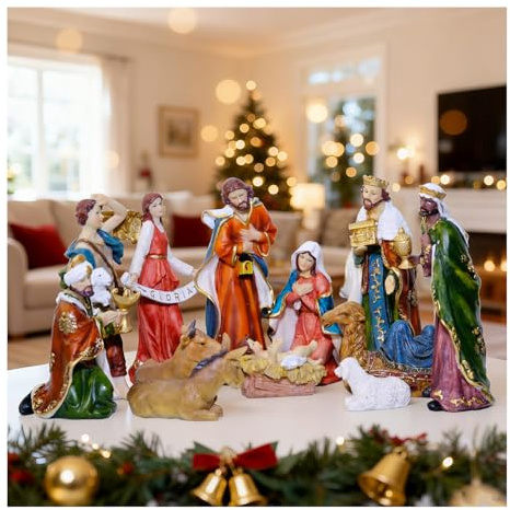 Dexshady Nativity Set for Christmas 12 pcs Manger Scene Holy Family Resin Figures Indoor Decorations Catholic Gift 8 Inch