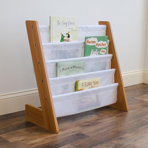Humble Crew Journey 4-Tier Kids Bookshelf, Natural/White – Toddler Sling Book Rack with Deep Fabric Pockets – Front-Facing Book Organizer for Nursery, Playroom or Kids’ Room