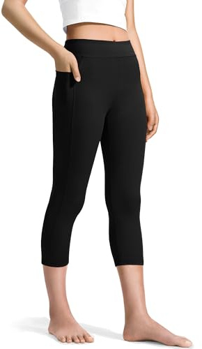 JOCMIC Girls Leggings 3/4 Capri Shorts High Waisted Athletic Leggings with Pockets for Kids Dance Gymnastics Running Black, 11-12 Years, Tag150