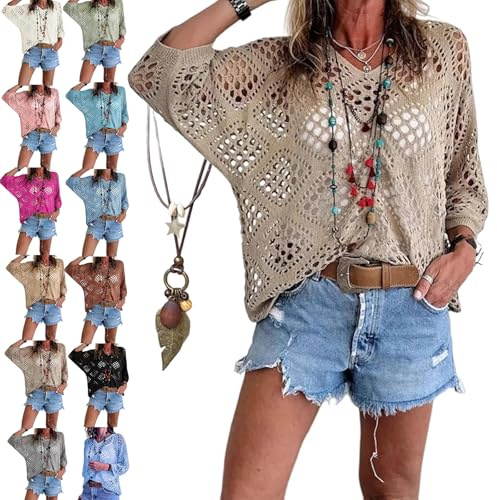 LLELEMAMO Top Crochet Donna Beige in Stile Bohémien, Maglia Estiva con Scollo a V Traforata, Copricostume Mare Elegante da Crociera, Maglione Leggero a Rete, Include Collana Boho (C,L)