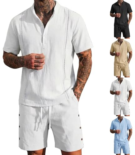 Floracle Herr går ut kläder bomull linne ståkrage sommar skjorta knapp och vardagliga shorts med fickor elastisk midja och dragsko träningströjor set kläder för sommarpromenader, Vitt, S