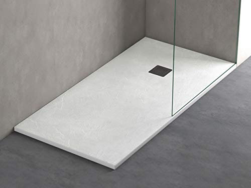 Plato Ducha Resina Efecto Pizarra Extraplano, Resistente al Rayado y Alta Durabilidad, Fácil Instalación y Limpieza y Muy Agradable al Tacto 80x140 Blanco