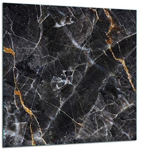 TMK | Küchenrückwand Spritzschutz aus gehärtetem Glas 60x65 cm - Dekoglas mit selbstklebendem Klebeband - Glasrückwand Küche, schwarz Marmor