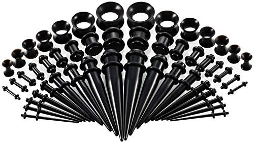 vogem Acryl Ear Stretching Kit Black 50 Stück Dehnstab Taper Plugs Ohrdehner Set 16g-00g Silikon Ohr Tunnels Damen Herren(Schwarz)