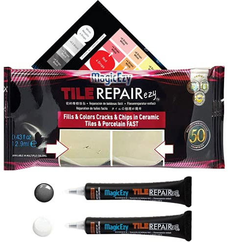 MagicEzy Tile RepairEzy (Grey/White Kit) - Porcelain Tile Repair Kit - Fix Cracked or Chipped Ceramic Tiles Fast - Thick Structural Repair Filler, Putty and Adhesive for Tiles
