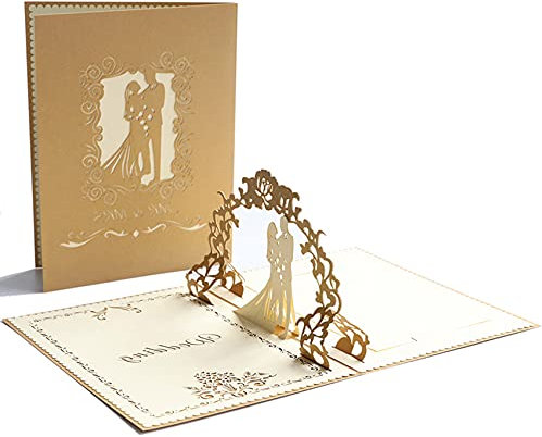 JeoPoom Pop Up Karte, Pop Up Hochzeitskarte, Glückwunschkarte mit Hochwertigem Goldfarbenen Umschlag, für Hochzeitstag, Hochzeitsgeschenk, Geburtstag, Hochzeitseinladung