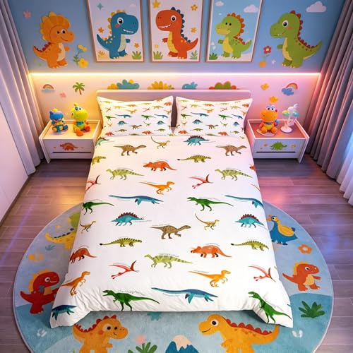 Loussiesd Teenagers Dinosaur Bedding Set Single for Boys Children Dinos Bed Set Cartoon Colorful Dinosaur Decorative Young Men Duvet Cover Set Nice Reversible 2pcs Dino Print