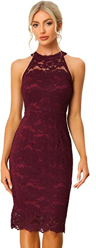 Allegra K Elegant Lace Dress for Women's Halter Neck Sleeveless Bodycon Cocktail Sheath Dress Burgundy M