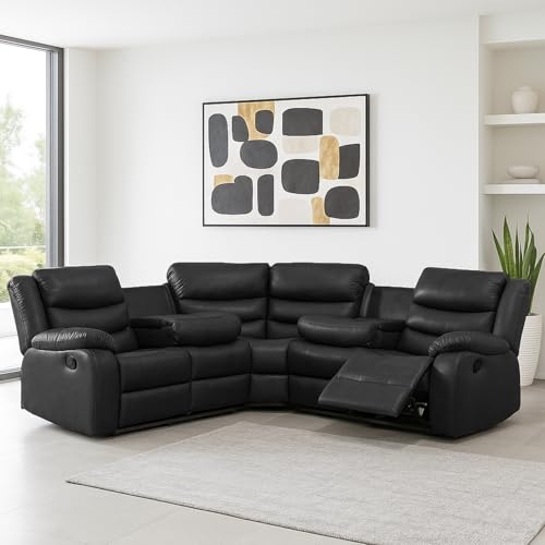Furnishings For Less UK New Venice Black 5 Seater Leather L Shaped Reclining Corner Sofa Manual Recliner + Drinks Trays (Black)