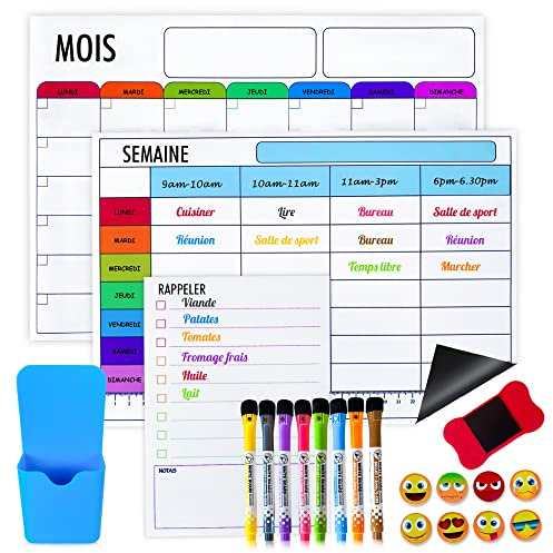 Lot de 3 Calendrier Magnetique - Planning Magnetique - Tableau Magnetique - Comprend 3 Tableaux Planificateurs, 8 Marqueurs, 8 Aimants, 1 Gomme, 1 Porte-Stylo