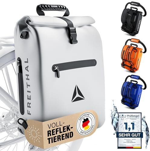 FREITHAL - Vollreflektierende 3in1 Fahrradtasche [25L] - Verwendbar als Gepäckträgertasche, Rucksack & Umhängetasche - 100% wasserdichte & Reflektierende Fahrradtasche Rucksack - Mit 16 Laptopfach