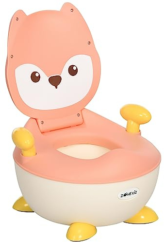 ZONEKIZ Pot de toilette pour enfants Pot d'apprentissage pour bébés 6-36 mois En forme de renard avec couvercle anti-éclaboussures Poignées antidérapantes Structure 34,5x35x23 cm Rose