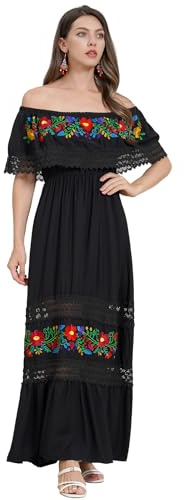 Mexican Dress for Women Floral Embroidered Dress Off Shoulder Long Maxi Dress Traditional Ethnic Cinco De Mayo Fiesta Party Outfit Summer Beach Holiday Vacation Boho Dress Black S