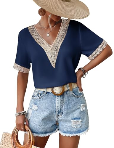 Yuson Girl Chemise Femme Chic et Élégant Découpes Blouse Hauts Col en V à Dentelle T Shirts pour Femmes Chemises Casual à Manches Courtes Hauts en Mousseline d'été(Marine, S)