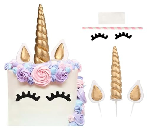 QEEYON Topper Per Torta Di Unicorno, 6 Pezzi Decorazioni Torta Unicorno Oro, Decorazione Per Torte Con Simpatici Corna Di Unicorno, Orecchie E Ciglia Per Decorazioni Di Compleanno/matrimonio