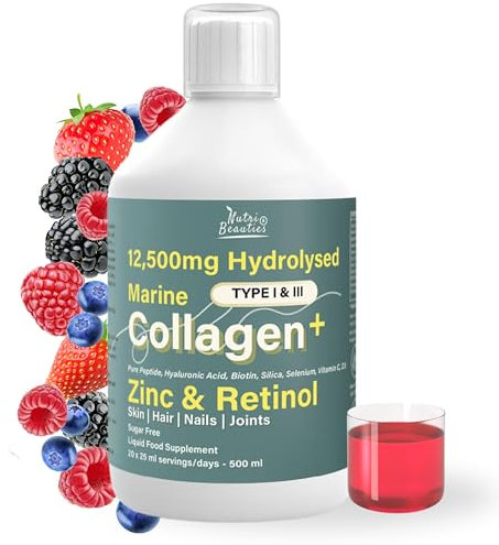 NUTRI BEAUTIES 12,500mg Hydrolysed Marine Collagen PLUS Zinc & Retinol+Hyaluronic Acid, Biotin, Vitamin C, D3, & Silica for Hair, Skin, Nails, Joints |Collagen Supplements for Women| 500ml| Sugar-Free