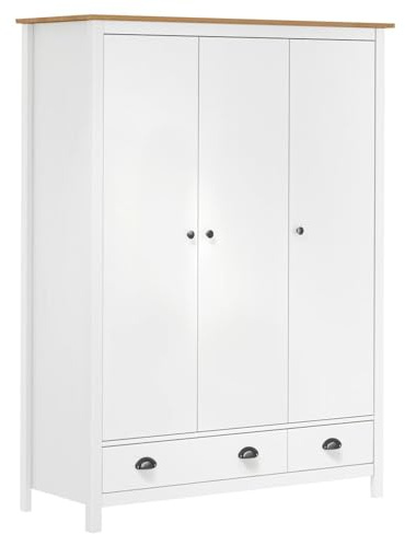 Homgoday 3-türiger Kleiderschrank Hill Weiß 127x50x170cm Kiefer Massivholz Kleiderschrank Kleideraufbewahrung Schränke für Schlafzimmermöbel Möbel