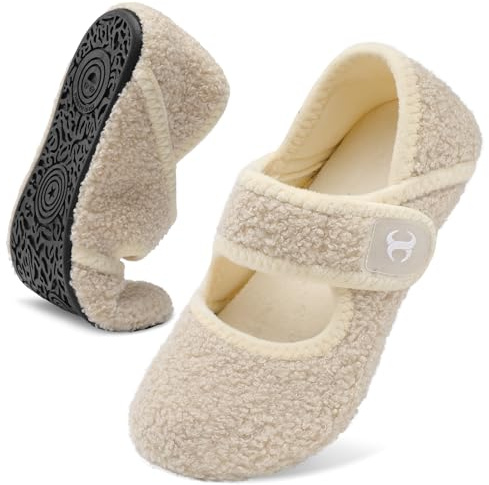 Scurtain Comfy Furry Bedroom Slippers for Women Men Wide Diabetic Barefoot Sock Shoes Slip On Warm Spa Slippers Strap Plush House Slippers Flats Beige Size 8-9 Women/6.5-7.5 Men