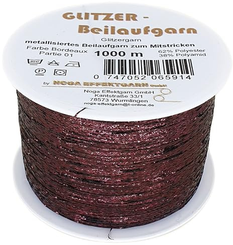 NOGA EFFEKTGARN Bordeaux Metallisiertes Beilaufgarn auf 1000 Meter Spulen zum Mitstricken für Strick- und Häkelarbeiten aus 62% Polyester, 38% Polyamid