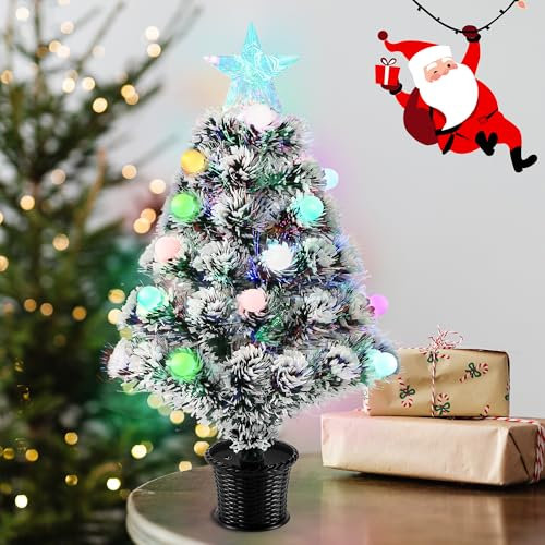 56cm Small Fiber Optic Christmas Tree, Mini Artificial Tree Xmas Decoration, Pre-lit Tabletop Trees with RGB Color Changing Lights, Balls,Treetopper,Battery/USB Powered Fake Xmas Tree Decor