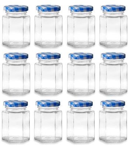 Hniuyun 12 Pack Hexagonal Glass Jam Jars, 100ml 3.3 fl.oz Glass Jar with Lid for Sealing, Clear Canning Jars for Food Storage, Spices, Honey, DIY Projects (Blue)