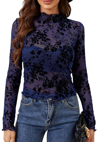 Haut en Dentelle pour Femme D'été Sexy Col Montant Transparent Y2K Shirt en Maille Tulle Chemisiers et Blouses à Manches Longues Club Streetwear Haut Dentelle Bleu Femme L,f35