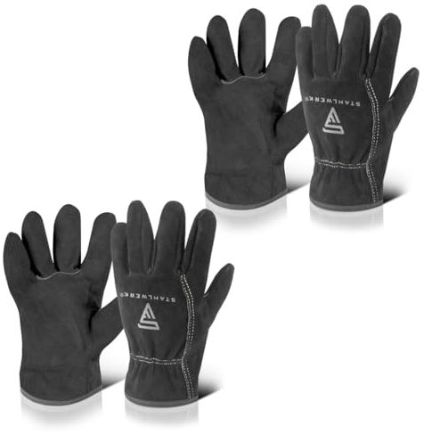 STAHLWERK Lot de 2 gants de soudeur | Gants de protection contre la chaleur | Gants de travail | Gants résistants à la chaleur en croûte de cuir de qualité supérieure pour soudage et découpe au plasma