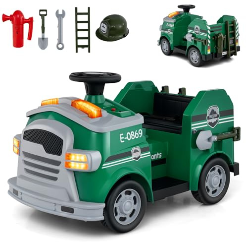 COSTWAY 12V Camion de Pompiers Électrique Enfant avec Musique & Alarme & Klaxon, Voiture Électrique avec Volant & Pédale, 5 Accessoires, 2-4km/h, Charge 25kg pour Enfant de 3-8 Ans (Vert)