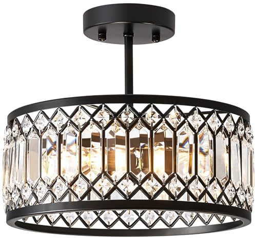 Vikaey Plafoniera in Cristallo,Lampadario Nero con Paralume in Cristallo,Plafoniera con Base E14,Lampada Moderna per Soggiorno Camera da Letto Cucina Corridoio Sala da Pranzo 3-Light