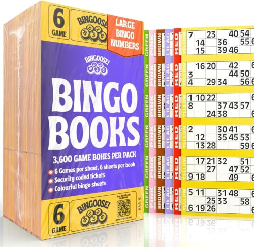 Bingo Books 6 Game Tickets per Sheet & 6 Sheets per Book - 3600 Easy to Read Bingo Cards 1-90 Large Print Numbers - Easy to Tear Perforated Colourful Flyers for Daubers, Pens and Dabbers | 3600 Bingo Sheets 1-90, Large Print Numbers, Easy to Tear Perforated, Coloured Bingo Tickets Books