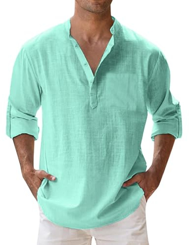 Camisa de Lino de algodón de Manga Larga para Hombre Camisa con Botones Camiseta Lisa Casual Camiseta de Hombre para Playa Hippie Tops Holgados de Tallas Grandes