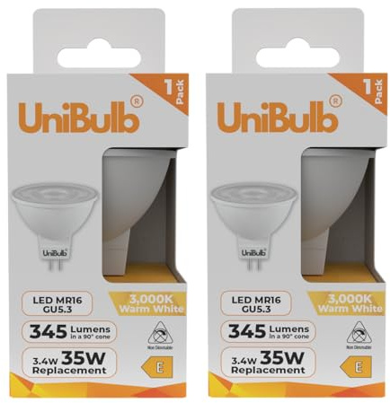 Unibulb GU5.3 MR16 3.4W (Replaces 35W), Energy Efficient LED Spotlight Downlight Ceiling Light Bulb, 345 Lumens, 3000K Warm White, 35W Equivalent, 12v, 25,000hr Lifespan, Non-Dimmable (2)