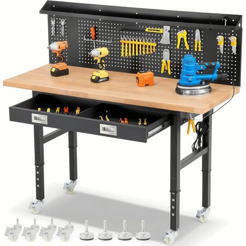 ENJOYWOOD 60-Inch Heavy Duty Workbench with Wheels, Adjustable Height