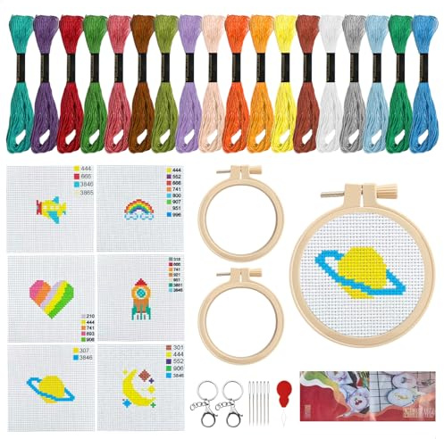 gexuamz Punto Croce Kit da Ricamare, Kit Ricamo Principianti con 2 Portachiavi, Set Ricamo con 6 Disegni Unici, Telaio e Istruzioni Dettagliate, Embroidery Kit Facile Per Fai Da Te, Artigianato